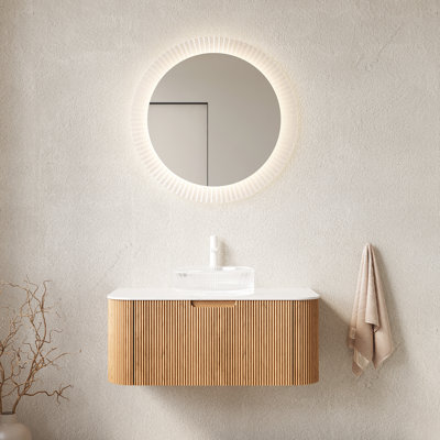 Meuble-lavabo de 36 po avec lavabo rond transparent, armoire à tiroirs naturels, système de fermeture en douceur, grand lavabo artistique, tiroir de rangement, pré-assemblé et