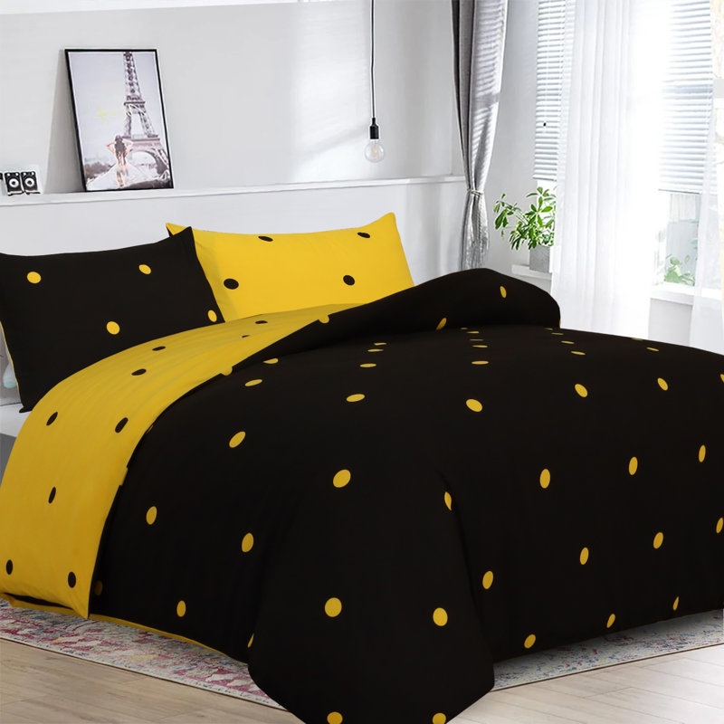 100% Microfiber Polka Dots Duvet Cover Set  With Pillow Cases, Black/Yellow