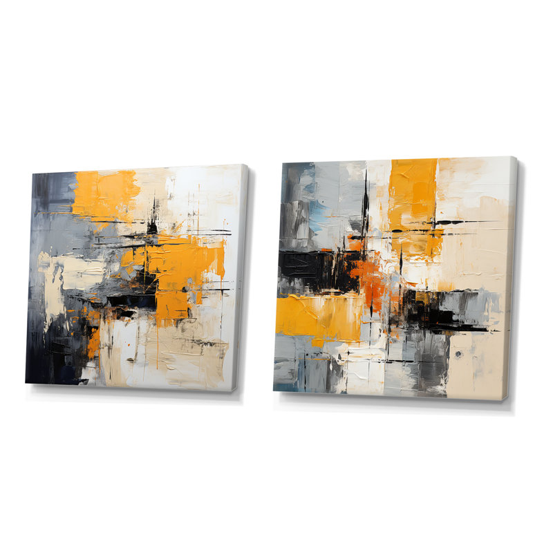 «Gray and Yellow Paint Elegance I», ensemble de 2 reproductions d'art sur toile, Cadre flottant enveloppé