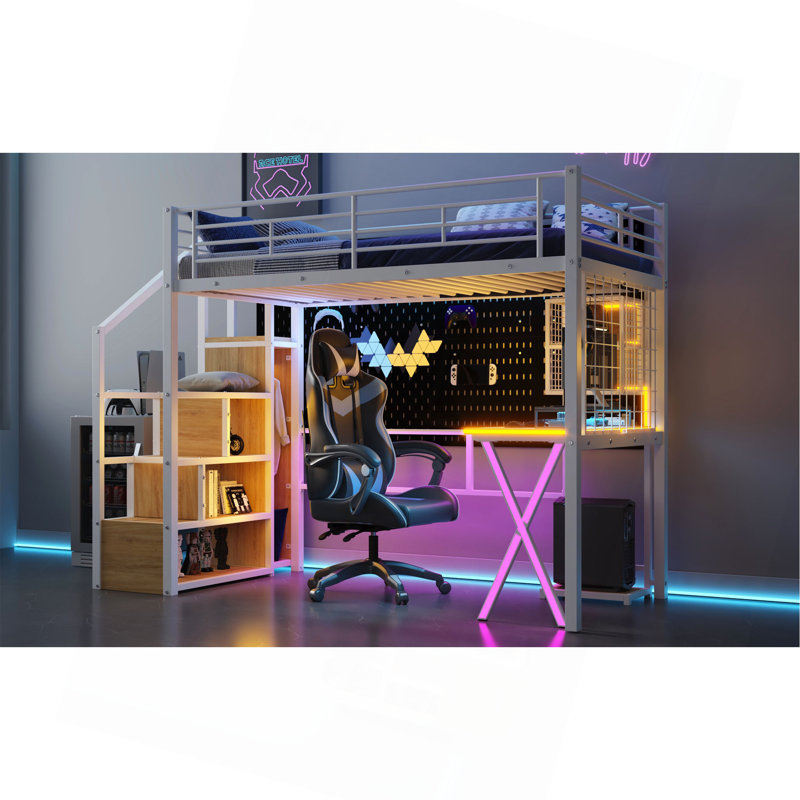 Lit mezzanine simple en métal avec poste de travail intégré, garde-robe, escalier de rangement et DEL, blanc, Lit simple