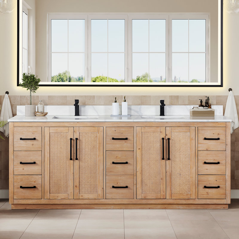 Deach 84" Double Bathroom Vanity with Calacatta White Quartz Countertop without Mirror