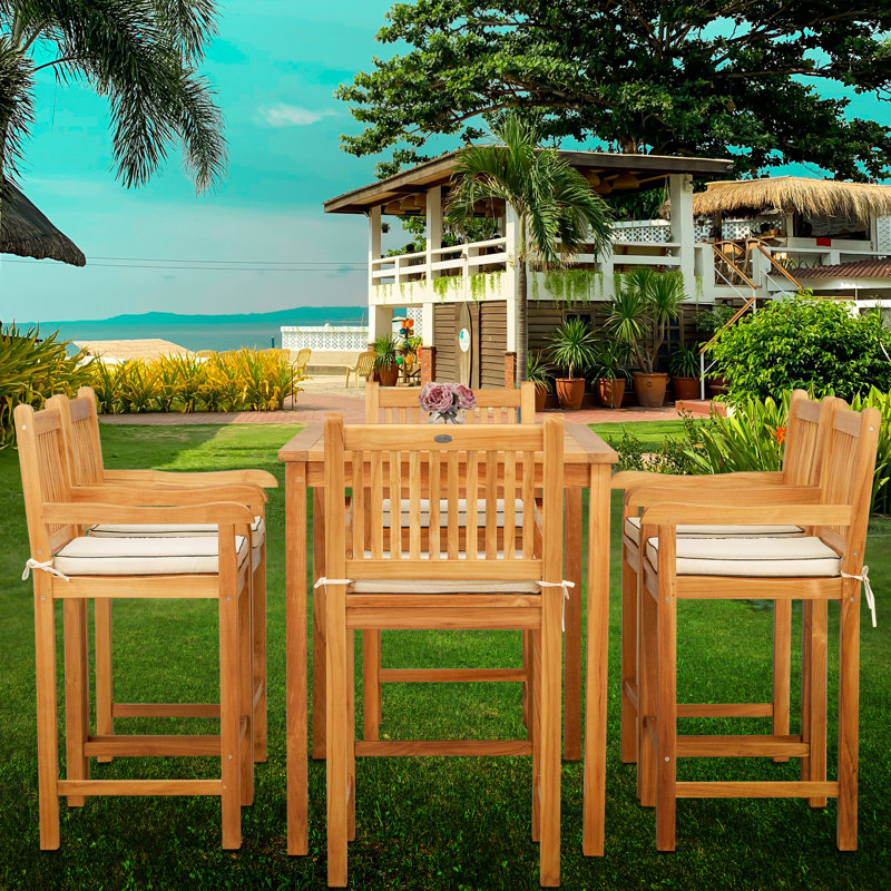 6 - Person Teak Solid Wood Patio Dining Set Umbrella Hole Included Rectangular Table with Cushions Included