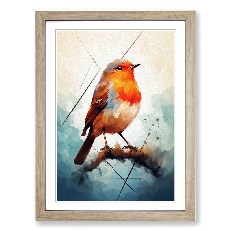 Robin Bird Geometric - Single Picture Frame Print on Wood, Oak Framed, 64cm H x 46cm W x 2cm D