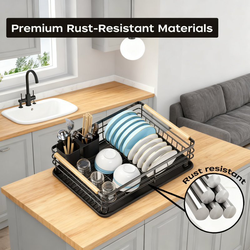 Small Dish Drying Rack For Kitchen Counter With Wooden Handles, Thickened Rust-Resistant Metal Frame, No Assembly Required, Compact Dish Drainer For Small Spaces