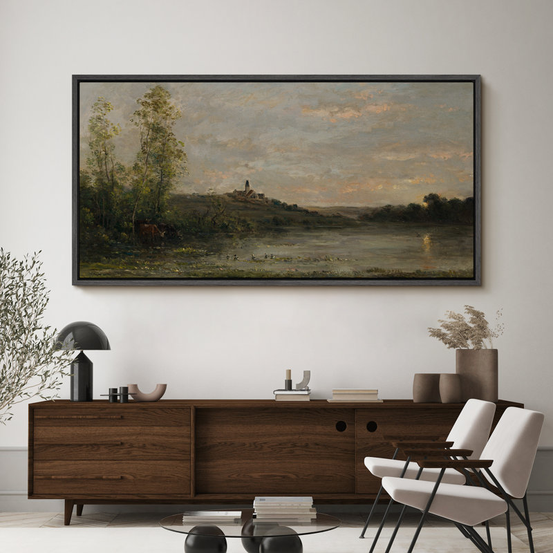 «Sunset Reflection over Village», impression sur toile encadrée - décor de paysage rétro, Noir, H 30 po x l 60 po