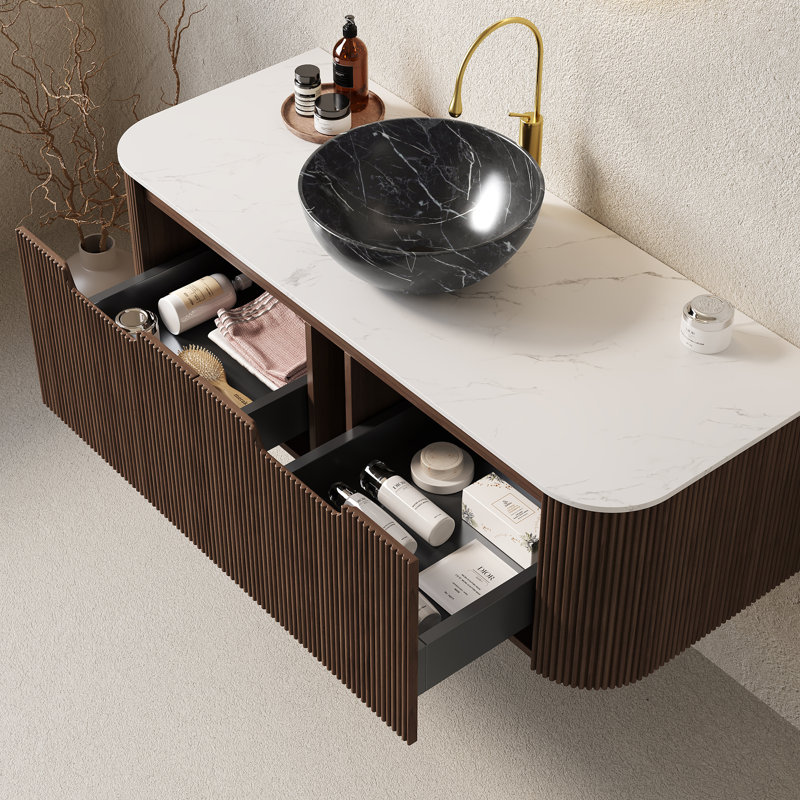 Meuble-lavabo de salle de bain 48 po avec lavabo, meuble-lavabo mural à bords arrondis et courbes avec 2 tiroirs, lavabo bol en céramique noir avec motif de pierre