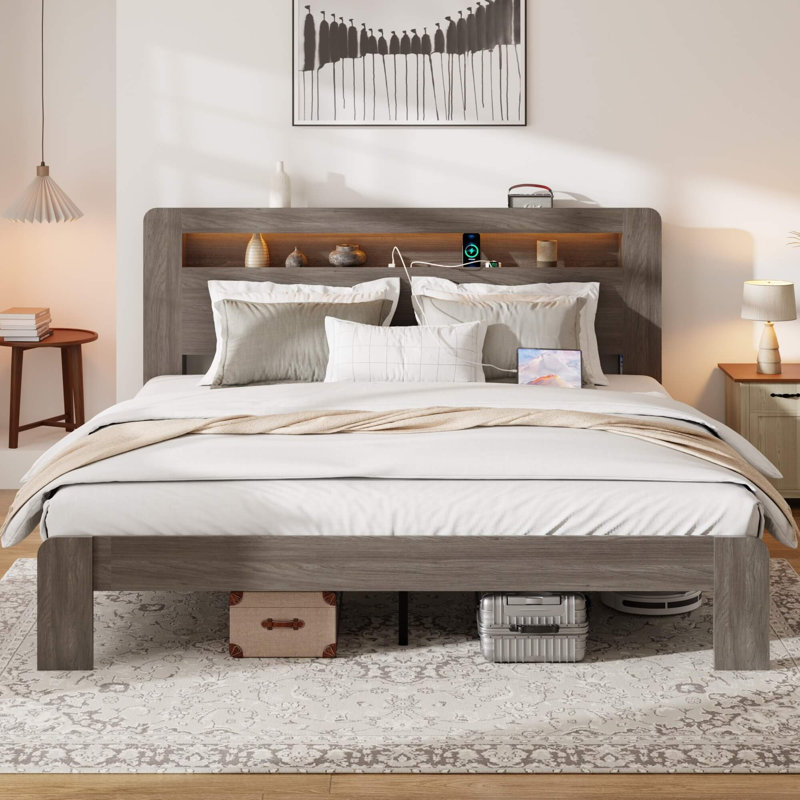Lit plateforme en bois avec tête de lit à DEL avec rangement, Grand lit, Gris foncé