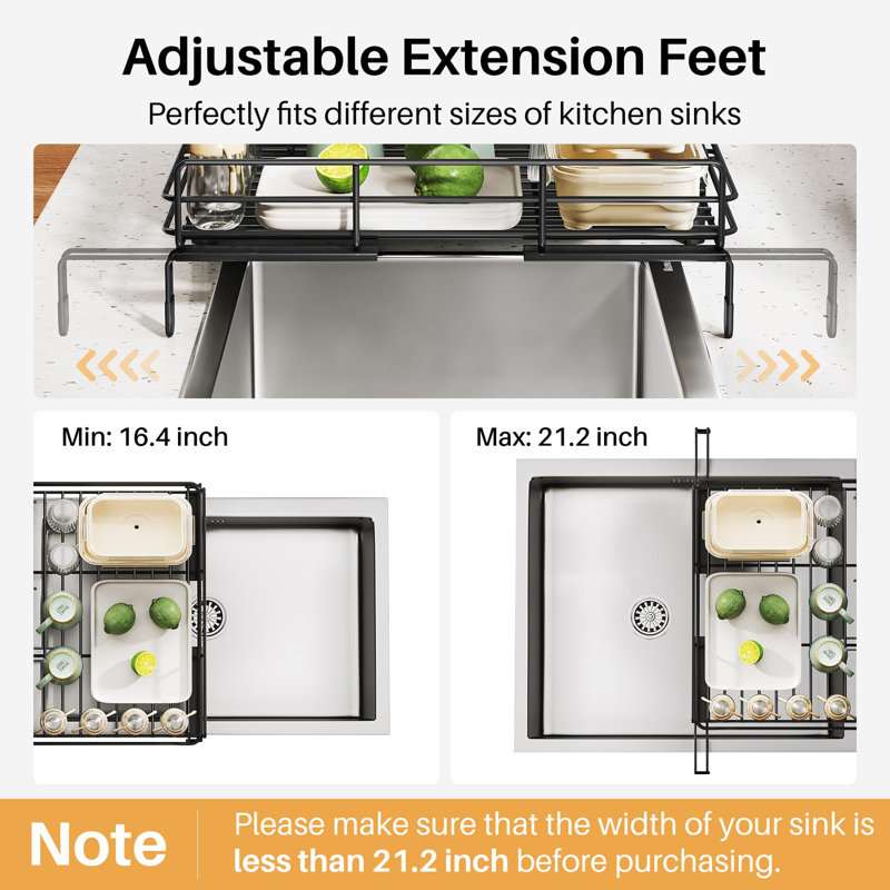 Extendable Dish Rack, Large Sink Drying Dish Drainer For Kitchen Counter, Matte Black