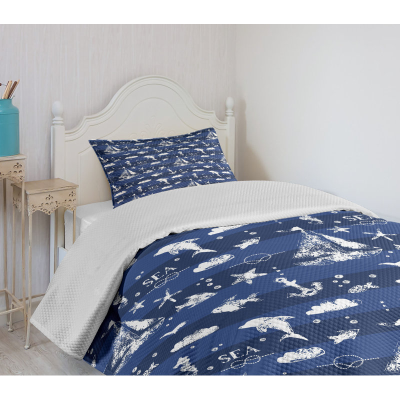 Navy Blue Quilted Twin Bedspread Set with Nautical Design