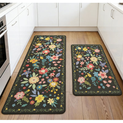 Tapis de cuisine anti-fatigue 2 pièces, imperméable et résistant à l'huile, envers antidérapant, motif floral rétro, facile à nettoyer, pour évier de cuisine