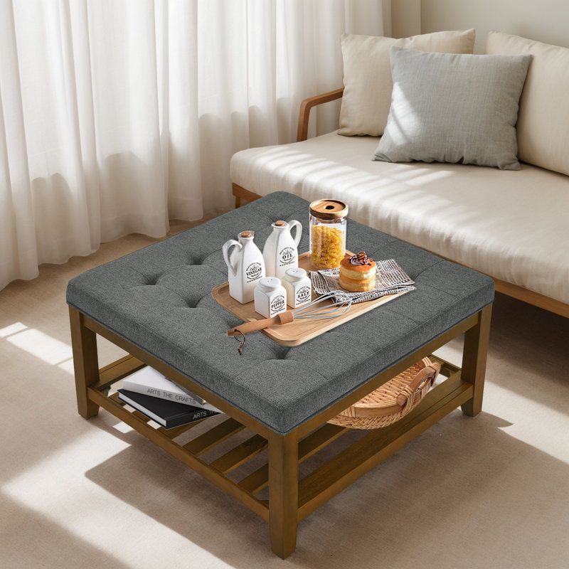 Square Ottoman Coffee Table With Wood Storage Shelf, Dark Gray