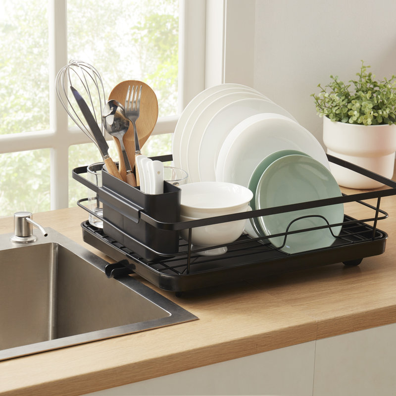 Égouttoir à vaisselle 3 pièces multifonctionnel avec égouttoir et porte-ustensiles, Noir