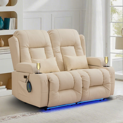 Power Reclining Sofa With Heat And Massage, Dual Recliner Loveseat With Cup Holders And And Led Lights