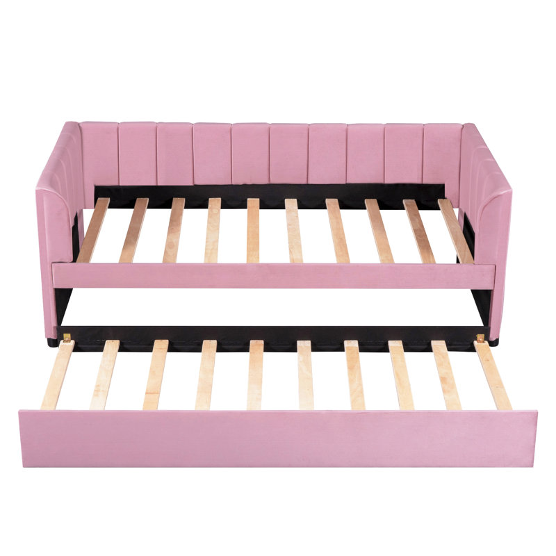 Twin Size Upholstered Daybed With Ergonomic Design Backrest And Trundle, Pink