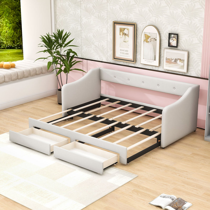 Twin XL Wood Upholstered Daybed with Storage Drawers, Beige