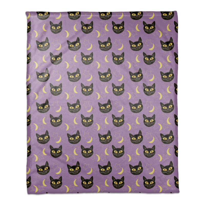 Purple Cat Moon and Stars Fleece Throw Blanket