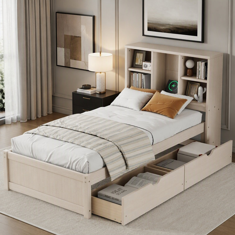 Structure de lit simple en bois avec port USB intégré et 2 tiroirs, Blanc, crème