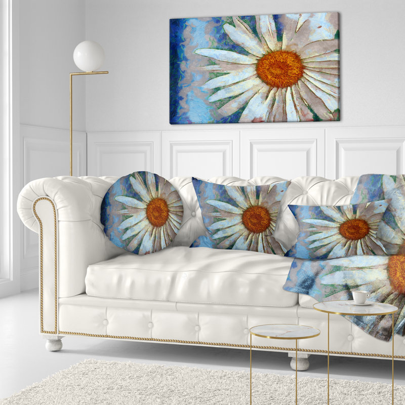 Coussin décoratif imprimé à la main fleur de camomille blanche, 16 po x 1 po, Carré