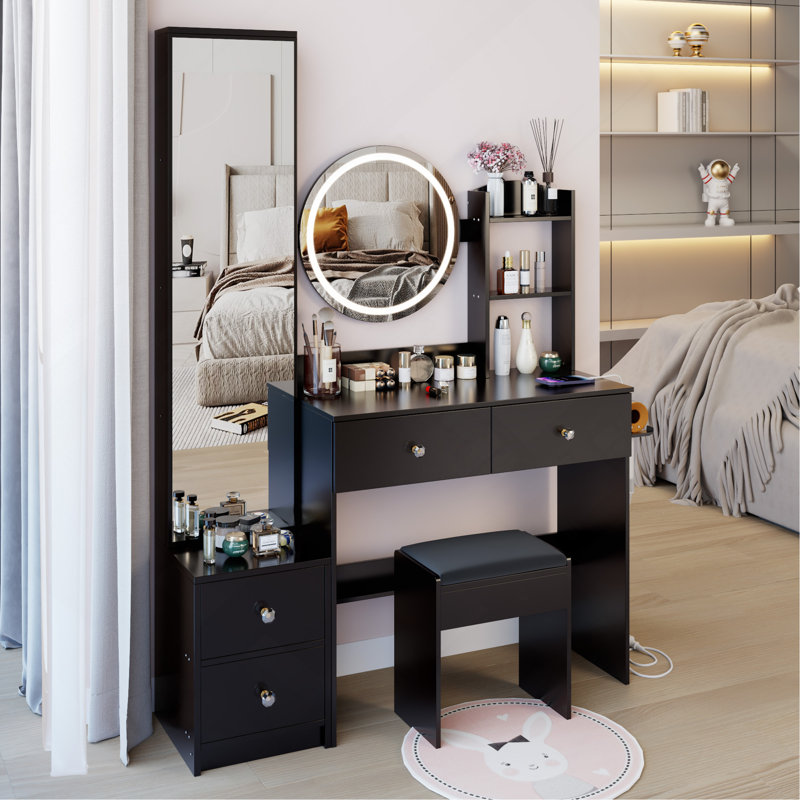 Full Body Mirror Cabinet With Round Mirror Led Vanity Table With Cushioned Stool,With 2 AC With 2 USB Power Station,17" Diameter Led Mirror,Large Desktop