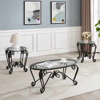 Ensemble de 3 tables basses à surface en verre trempé, table basse elliptique Decor