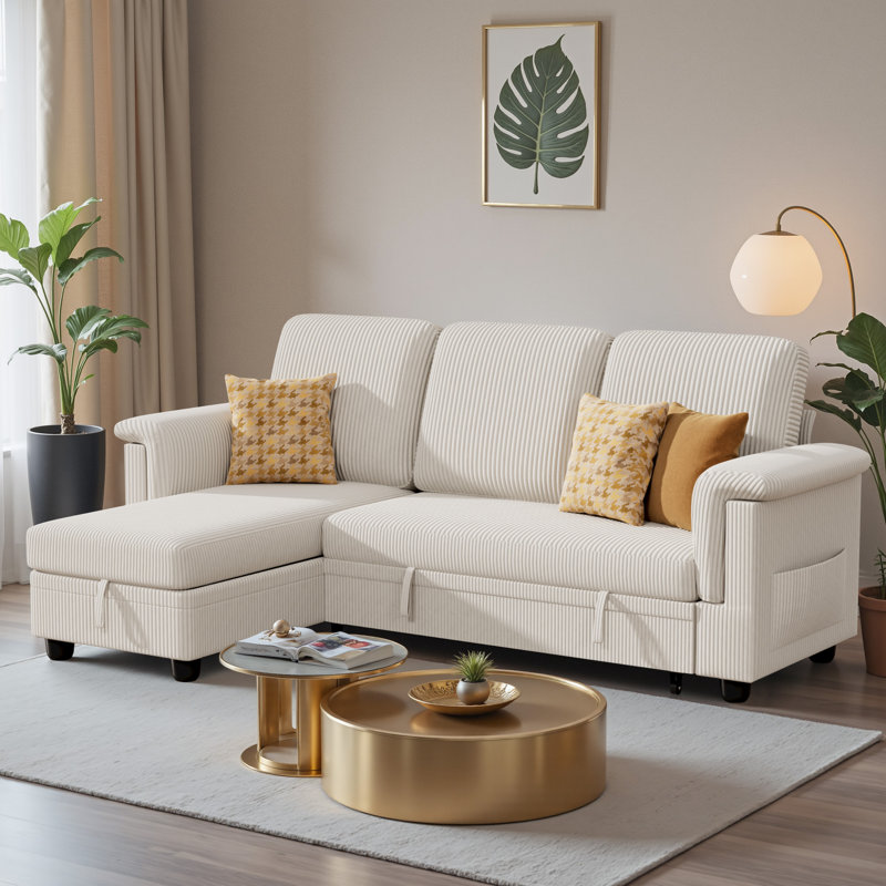 Corduroy Versatile Sectional Couch, Small Sleeper Sofa With Pull-out Bed And Storage, Beige Corduroy