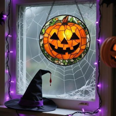 Vitrail suspendu, décorations d'Halloween, citrouille maléfique, attrape-soleil pour portes, jardin, intérieur, effrayant, orange, soleil, attrape-soleil, décor gothique, horreur, cadeaux pour femmes, amis, amis, 15 po
