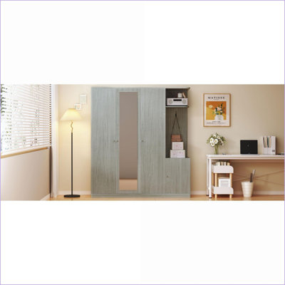 Commodes et amp; Garde-robe, garde-robe moderne à 4 portes avec miroir pleine grandeur, tiroir et Rangement pour chaussures | Panneau de particules gris