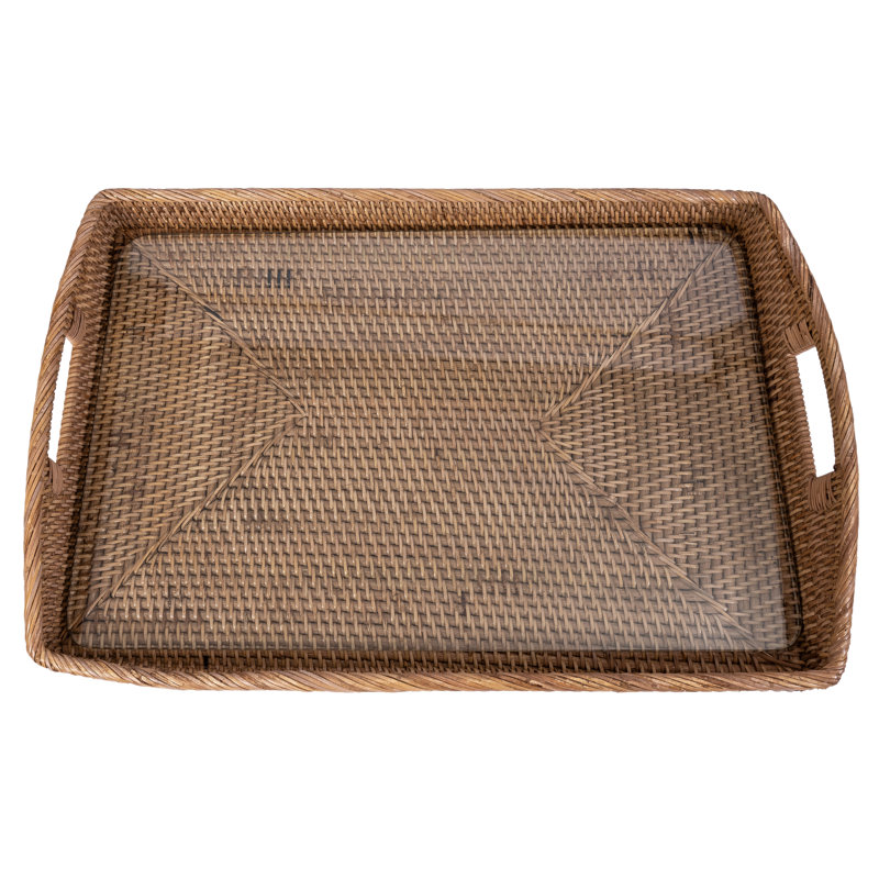 Rectangular Tray with Glass Insert, 21" W x 14" D x 2" H, Honey Brown
