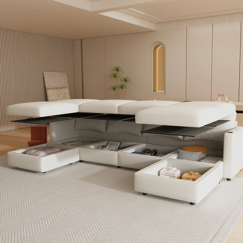Modern Large Sectional Sofa, U-Shape Modular Sectional Couch With Storage Function, Antique White Fabric