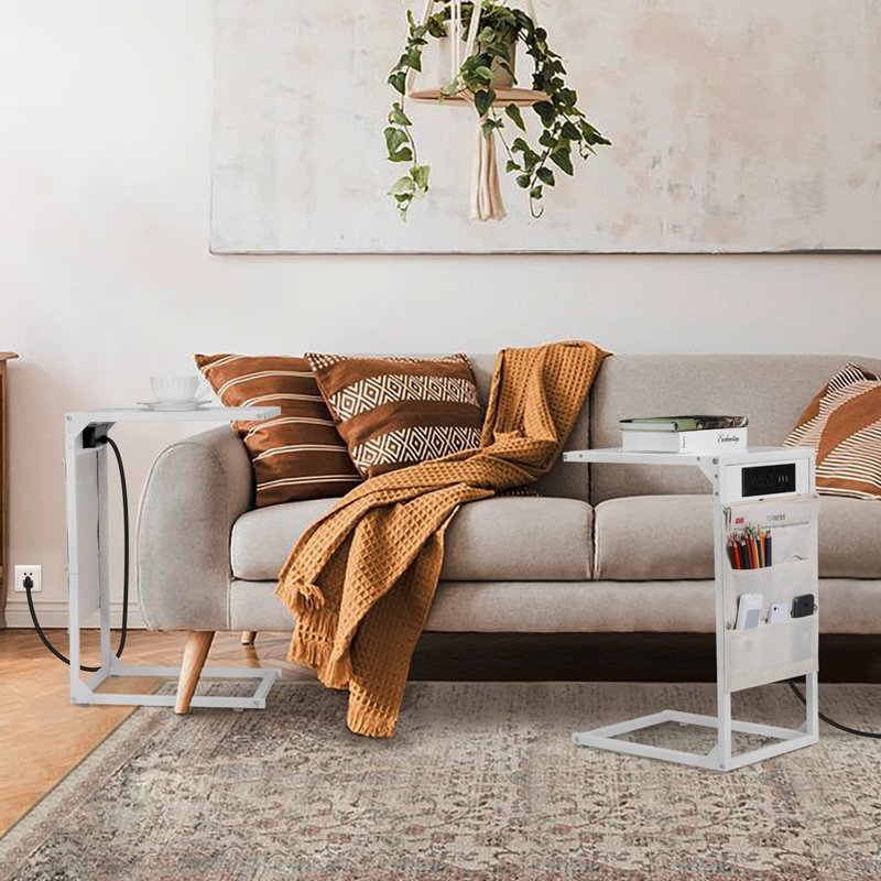 End Table Set Built-In Outlets, White, White