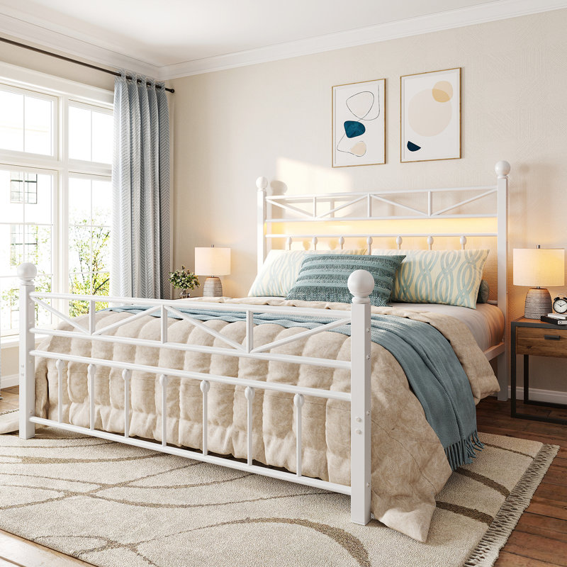 53.6" H Metal Platform Bed with LED Lights and Vintage Headboard, White, Queen