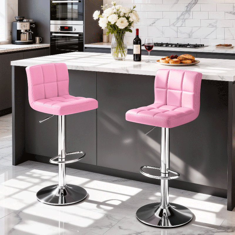 360° Swivel Counter Height Bar Stools, Faux Leather Adjustable Bar Chairs For Kitchen Or Home Bar, Chrome, Pink