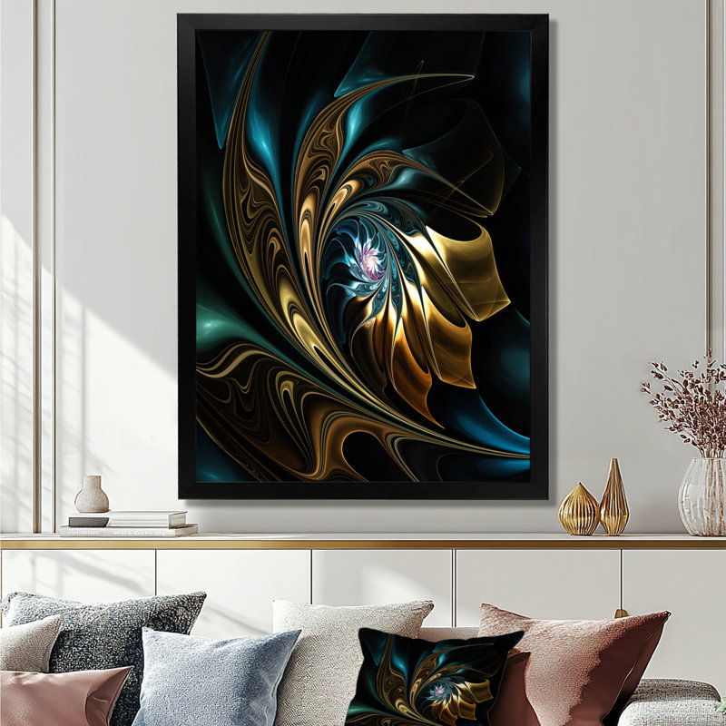 Fleur noire dorée moderne - art mural fleur fractale, impression avec fleur noire, H 40 po x l 30 po, Cadre flottant, Noir