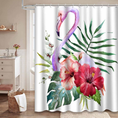 Waterproof Hibiscus Palm Watercolor Bath Tropical Flamingo Shower Curtain with 12 Hooks