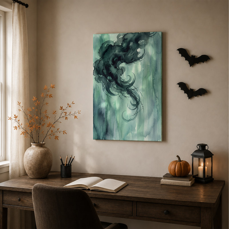 Tourbillons d'encre anthracite sur toile vert d'eau pour l'Halloween, 24"H x 16"W