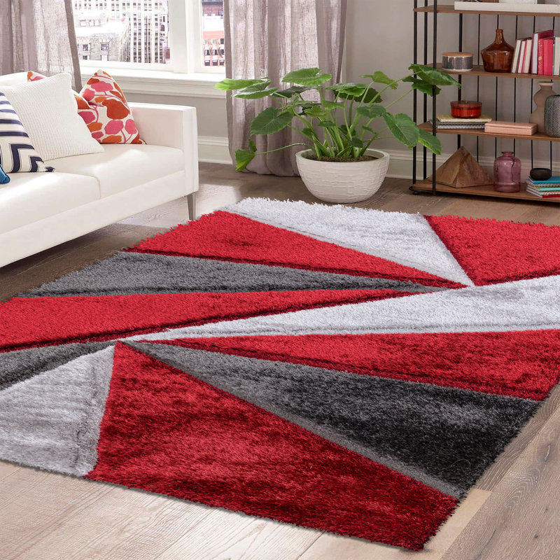 Shaggy Geometric Rug – 100% Polyester Soft Pile Carpet, Colourfast, Water & Soil Repellent, Anti-Static Modern Living Room Rug