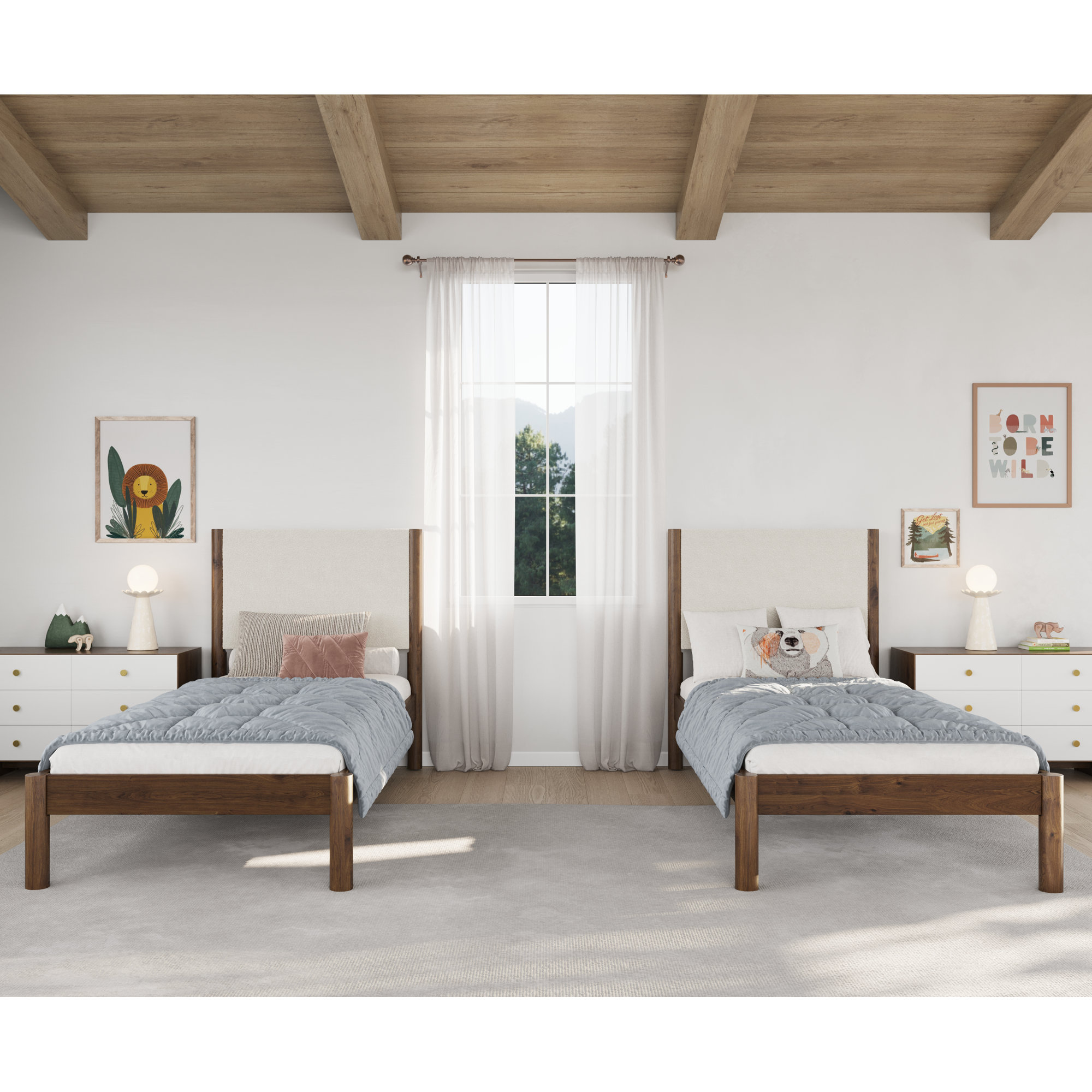 Ardin Solid Wood Bed Frame With Cream Boucle Upholstered Headboard, Walnut, Twin