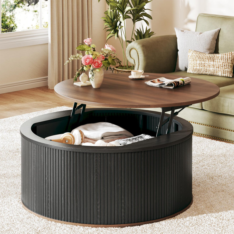 31.5" Lift Top Round Coffee Table With Storage, Black