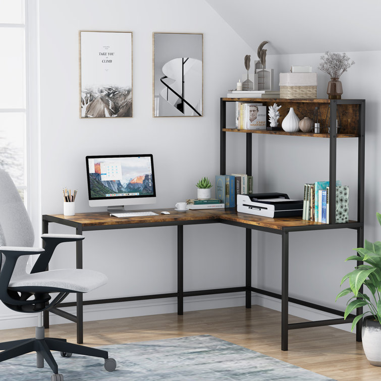 Mimic L-Shaped Desk with Hutch, Computer Desk with Storage Shelves