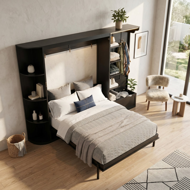 Grand lit escamotable avec rangement et lumières, tablettes intégrées, lit mural peu encombrant, Black
