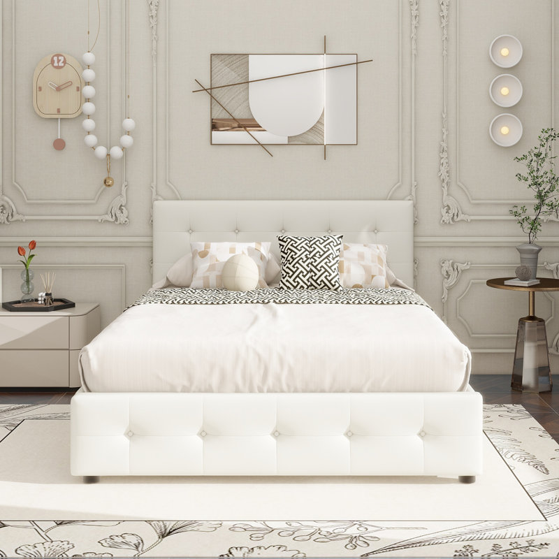 Upholstered Platform Bed With Classic Headboard And 4 Drawers, No Box Spring Needed, Linen Fabric, Queen Size, Blanc