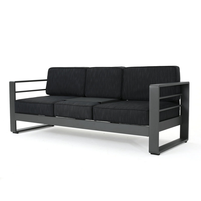 Canapé 2 places Cape Coral avec plateau en métal, Coussin noir / cadre gris foncé