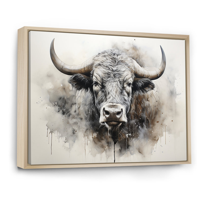 Tête de bison minimaliste sur toile, Cadre naturel flottant, H 12 po x l 20 po x P 1 po