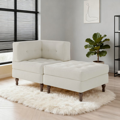 Chaise longue rembourrée en velours côtelé capitonné beige avec dossier rembourré et plateau de rangement amovible
