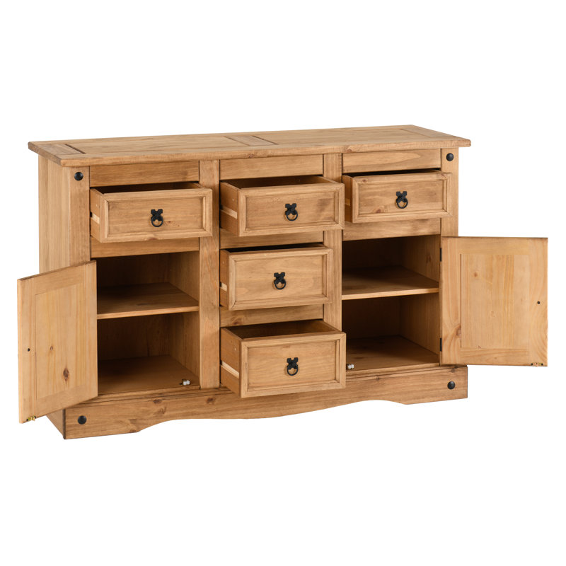 Millwood Pines Odelie Solid Wood Farmhouse Buffet Cabinet Sideboard with Storage Drawers and Doors, Rustic Pinewood Kitchen Credenza, Dining Room Server Cupboard