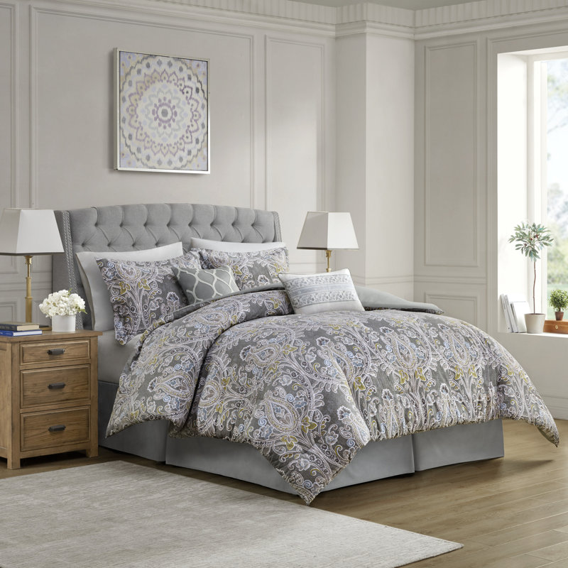 Ensemble d'édredon élégant en satin de coton gris damassé - Grand