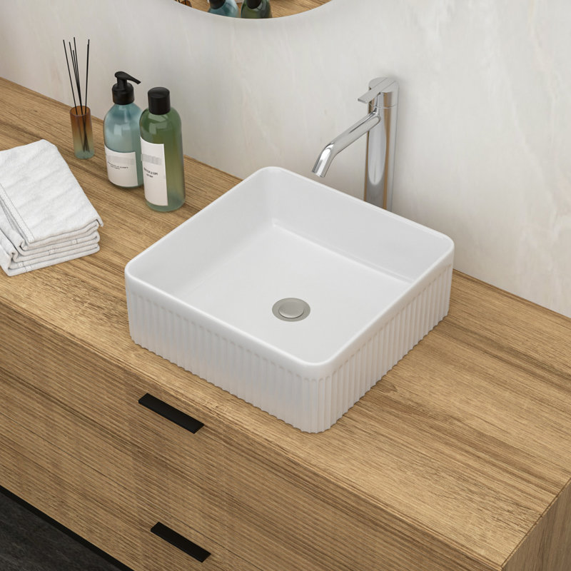 Ceramic Vessel Sink Square Bathroom 15.25"X15.25" - White, Low Water Absorption, Modern For Home, Office Building Smooth Surface, Elegant Building, , Home