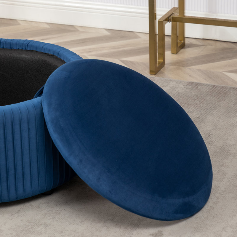 Savinien Upholstered Round Storage Ottoman, Blue Velvet 