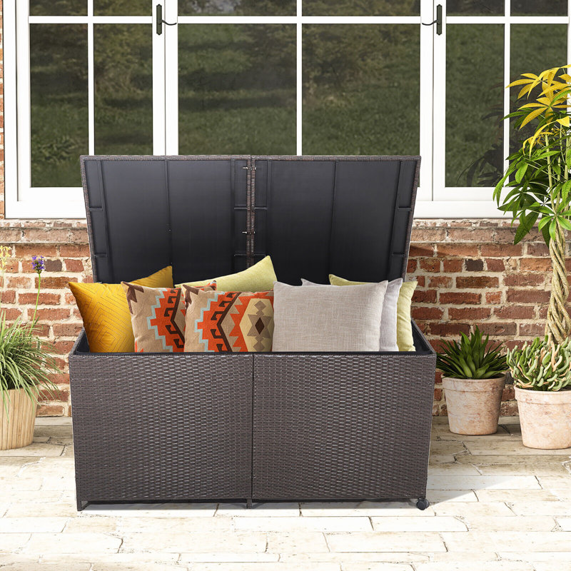 Gymax 59'' W 175 Gallons Water Resistant Wicker Deck Box with Wheels in Mix Brown