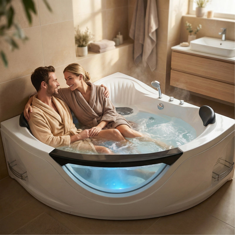 Baignoire balnéo d'angle de luxe pour 2 personnes de 150 cm (59 po) avec 6 jets d'hydromassage, lumières DEL de chromothérapie et commandes pneumatiques (certifiées UL et UPC)